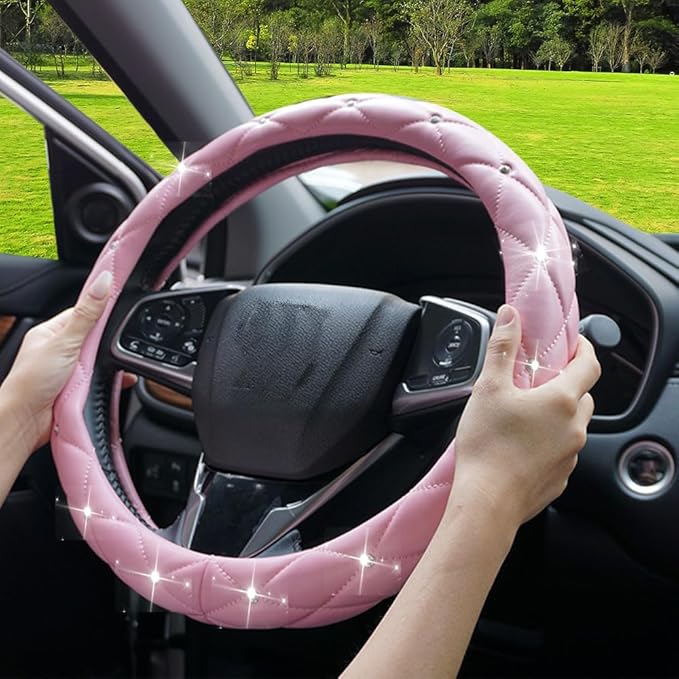 YOGURTCK Cute Diamond Soft Light Pink Leather Anti-Slip Steering Wheel Cover with Bling Bling Crystal Rhinestones, Universal 