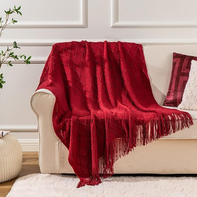 BATTILO HOME Red Throw Blanket Large Fringe Fall Throw Knitted Bed Throws for Couch Sofa Indoor Outdoor, Red, 52 x 80 in.