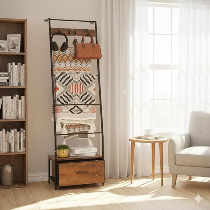 Metal Blanket Ladder with Storage Drawer, 5 Tier Rustic Blanket Rack with Hooks for Living Room, Bedroom, Farmhouse Decor – 5