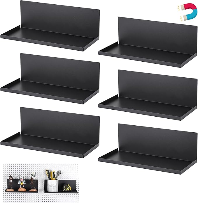 Kokone 6 Pack Magnetic Pegboard Shelves with Lip Around The Edge, 10x4.3 Inch Metal Peg Board Shelves Accessories for Storing