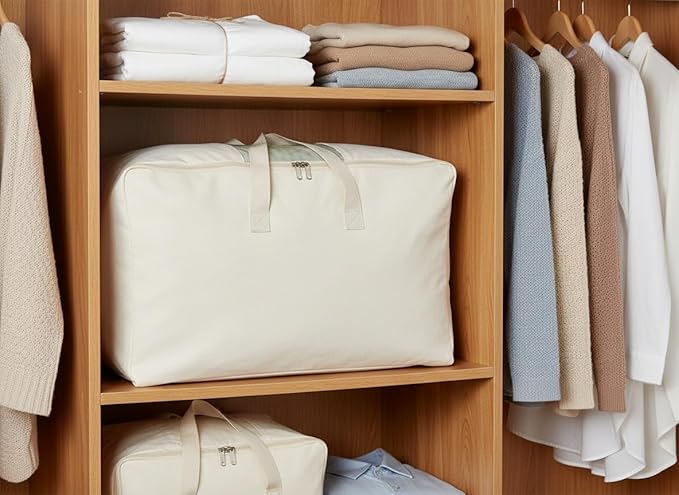 Soft Canvas Clothes Storage Bags with Four Carrying Handles and Clear Window, Closet Organizer for Clothing, Blankets Sheets 