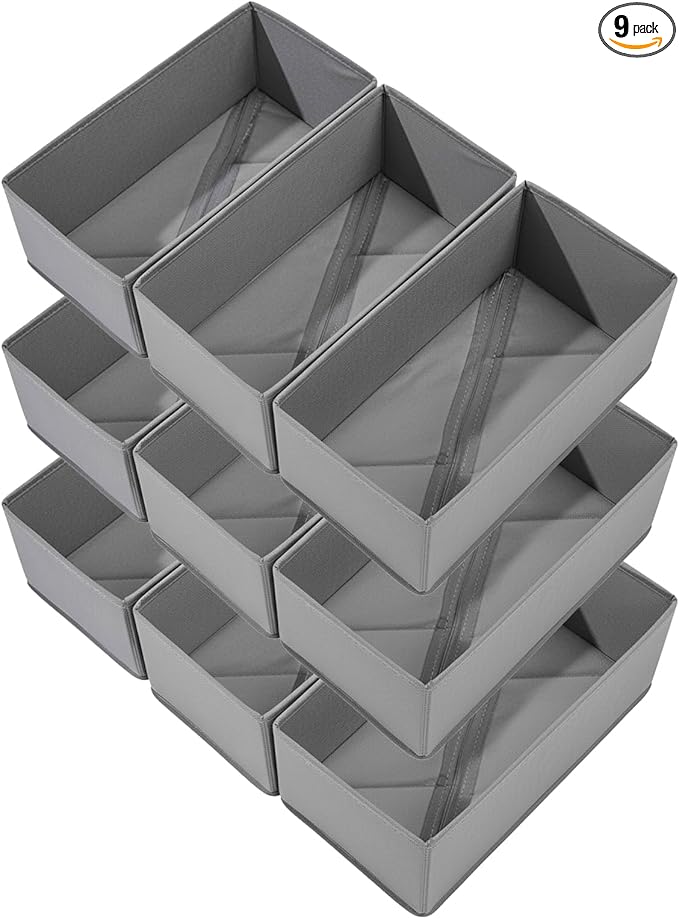Bructhun Sock Drawer Organizer 9 Pack - Collapsible Fabric Storage Bins for Underwear Divider, Small Closet Organizers with 9