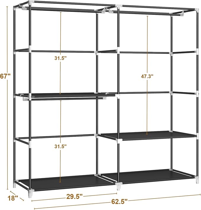MOGELAFOO 62.5" Closet Wardrobe, Portable Closet for Bedroom, Freestanding Clothes Rack with Non-Woven Fabric Cover, 3 Hangin