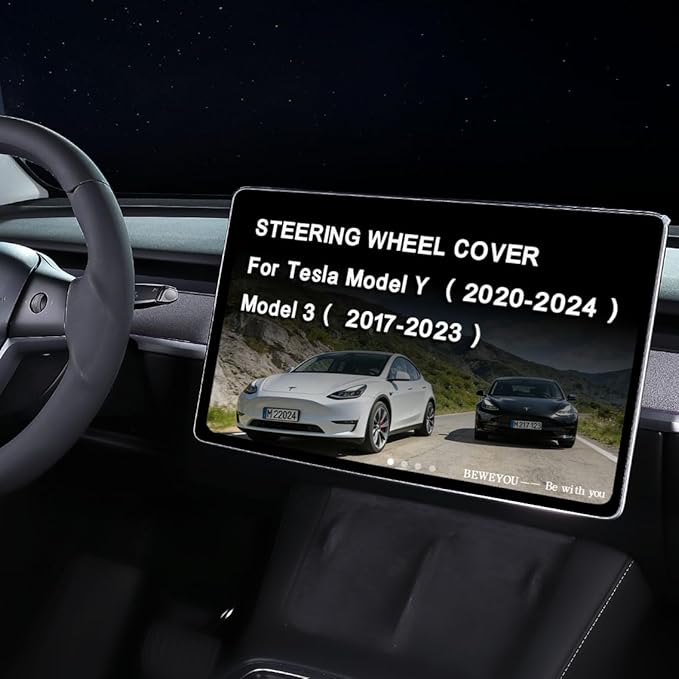 Nappa Leather Steering Wheel Cover for Tesla Model 3 2017-2023 & Model Y 2020-2024, Anti-Slip, Wear-Resistant, High Temperature Resistant (Flat Black)