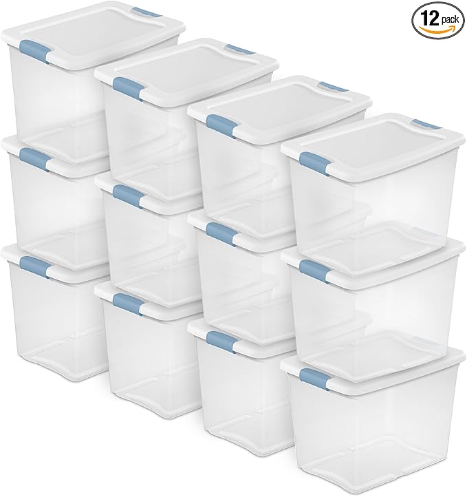 Sterilite 12-Pack Latching Box, Under Bed Storage Bins with Lids, Clear Plastic, 25 Quart - Heavy-Duty Organizing Containers 