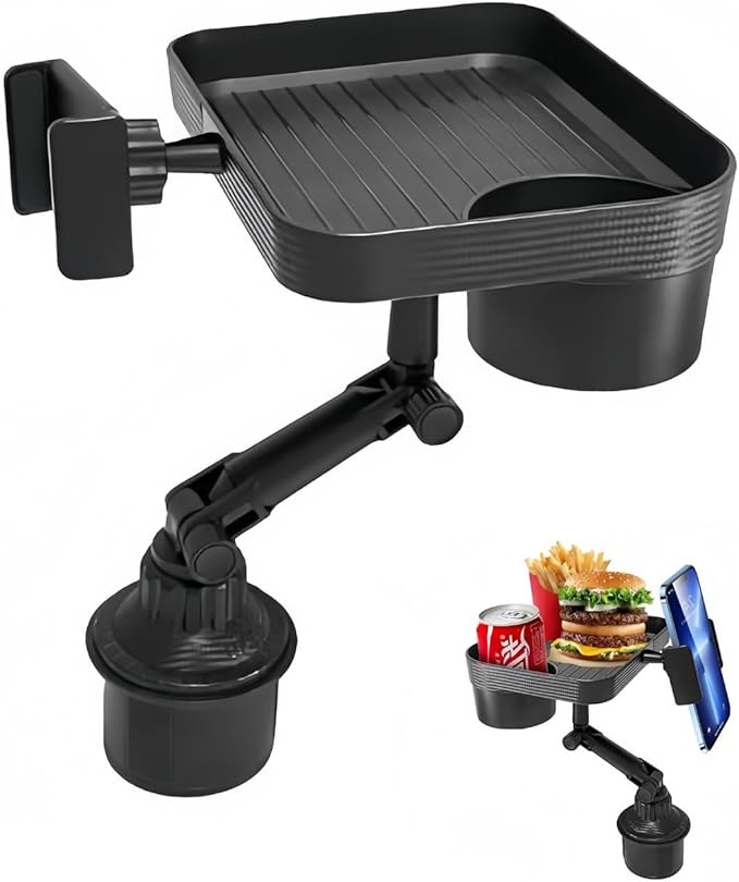 Car Cup Holder Tray, 10 Inch 3 in 1 Detachable Car Food Tray with 360° Rotating Phone Holder, Cup Holder Expander Adapter Fits Yeti Hydro Flask 16-46 oz, Road Trip Car Essentials