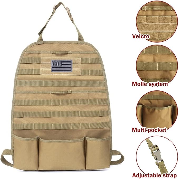 Car Seat Back Organizer, Tactical Molle Nylon Vehicle Panel Universal Fit Car Backseat Cover Protector (Olny Tan molle seat organizer)