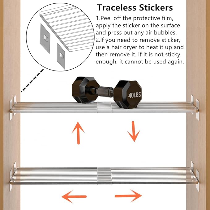 Slideep Expandable Closet Wire Shelves Stainless Steel, Heavy Duty Tension Shelf Cabinet Organizer, Strong Adhesive Closet Di