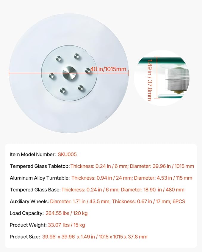VEVOR 40 in Glass Lazy Susan Turntable, Tempered Glass Dining Table Centerpiece with 6 Rotating Wheels, 360° Smooth and Silen