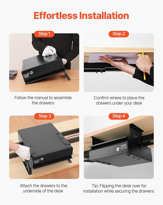 VEVOR Under Desk Lockable Slide Out Drawer, 13 inch Under Desk Pull-out Drawer for Sit Stand Workstation, Secure Under Counte