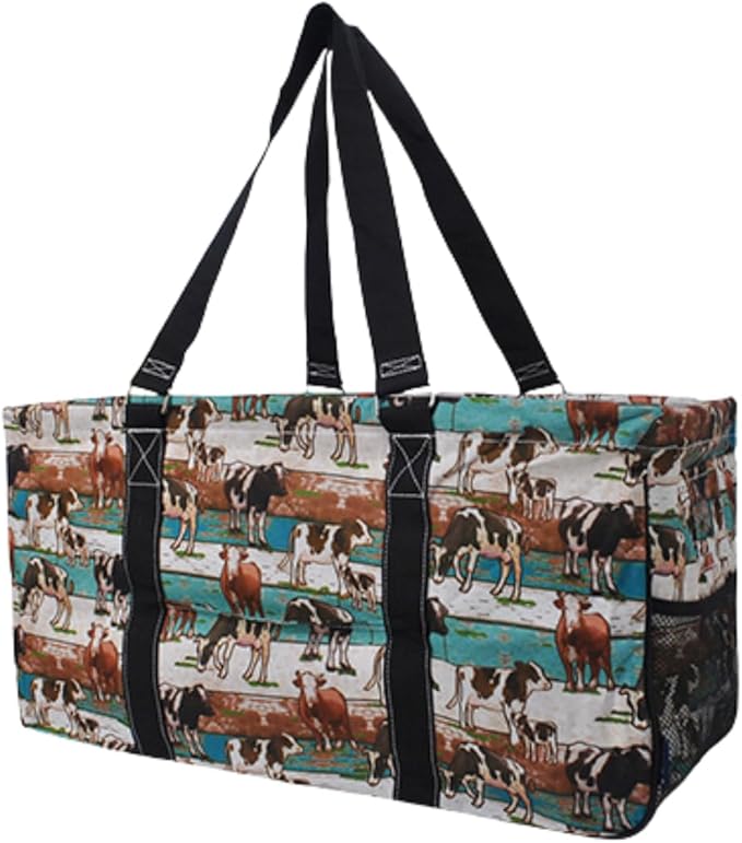 NGIL Extra Large Utility Tote Reusable Grocery Bag Oversized Collapsible for Groceries, Storage, Picnic, Beach (Country Cow-Black)