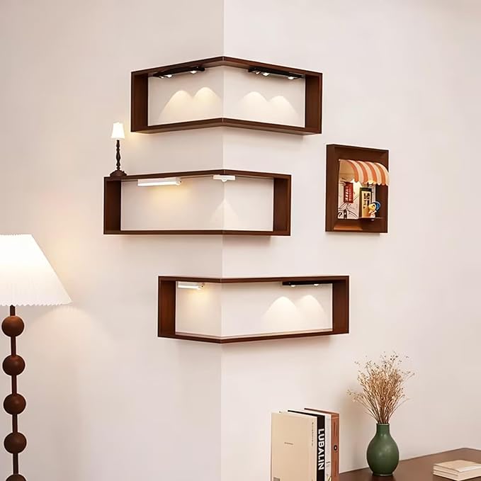 Corner Shelf Wall Mounted, Set of 3 Floating Shelves, 90° Coner Wooden Storage Rack for Ornaments Figurines Collectibles Disp