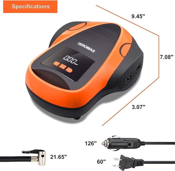 TEROMAS Tire Inflator Portable Air Compressor, Air Pump DC/AC for Car Tires 12V DC and Other Inflatables at Home 110V AC, Digital Electric Tire Pump with Pressure Gauge(Orange)