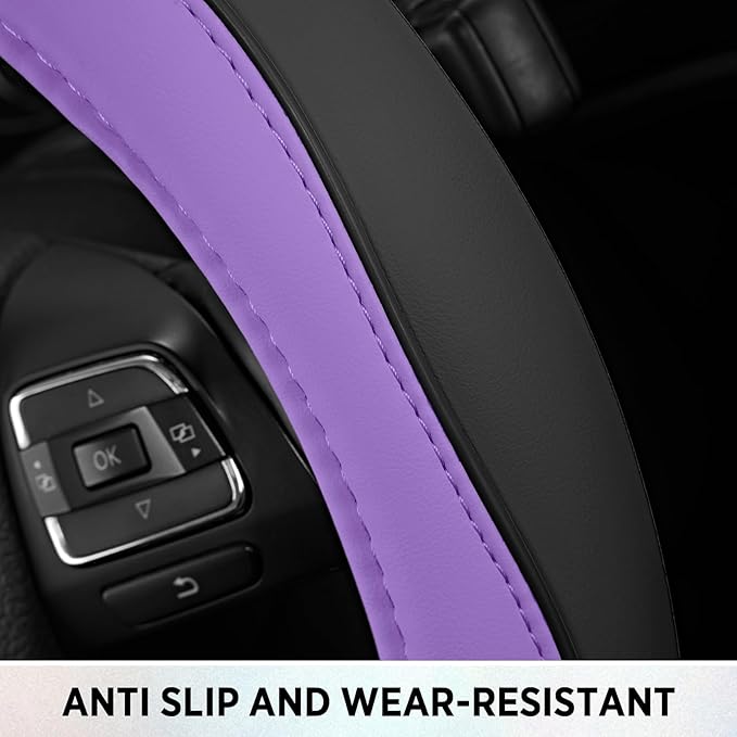 Road Comforts Leather Steering Wheel Cover with Decorative Trim and Piping, Anti-Slip Breathable Design, Fits 14.5–15 Inch Ro