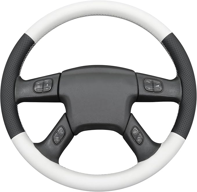 MEWANT Hand-Stitched Steering Wheel Cover for Chevy Silverado 1500 2003-2006 Trailblazer Black White Faux Leather Wrap