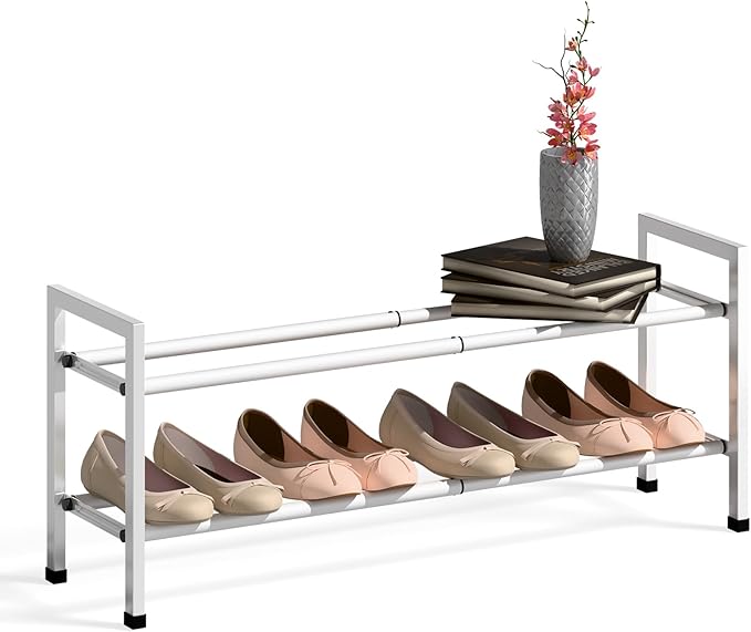 Bumusty 2-Tier Expandable Shoe Rack for Closet, 18“-33” Adjustable Shoe Rack for Small Space, Small Shoe Organizer for Front 