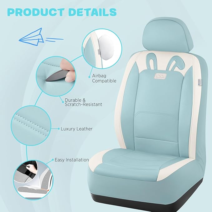 PIC AUTO Car Seat Covers, Cute Rabbit Premium Blue Leather Seat Covers, Universal Fit Front Seat Covers for Cars, Trucks, SUV