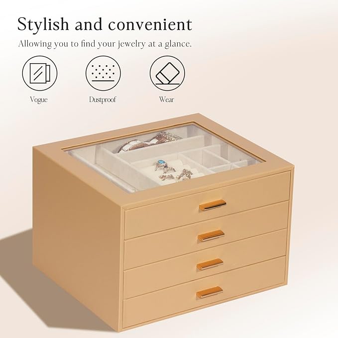 Jewelry Box with Glass Lid, 4-Layer Jewelry Organizer for Women Girls, PU Leather Display Case with 20-Grid Earring Tray & Mo