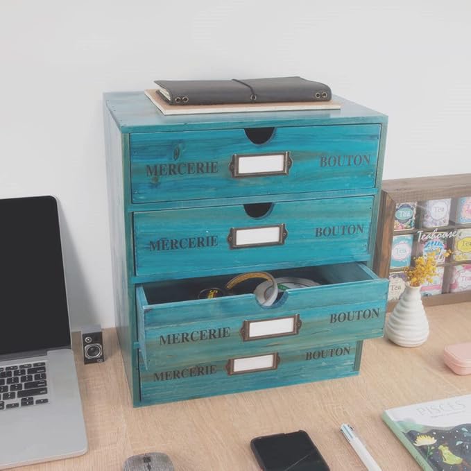 Wooden Storage Box with Drawers Vintage Office Supplies and Accessories Letter Tray Wood Desktop File Organizer 4 Tier Paper 