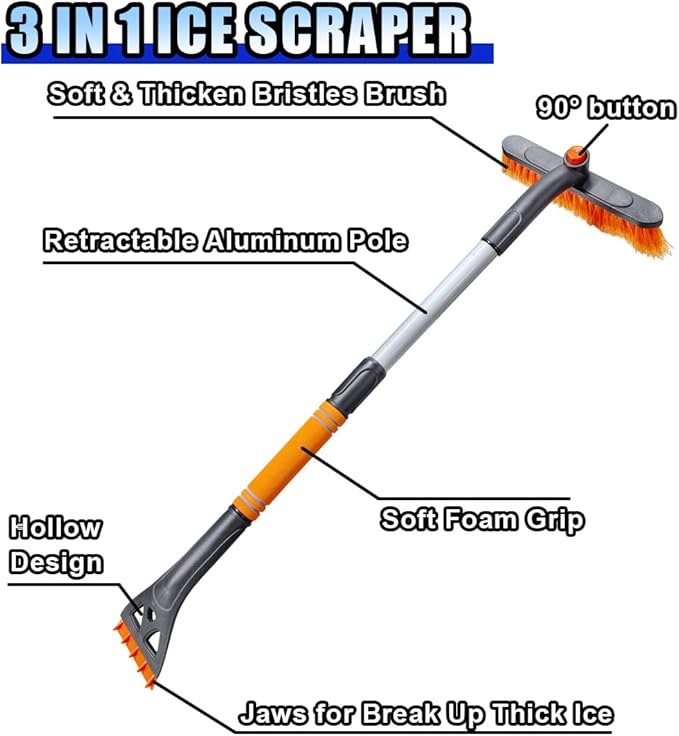 31.5" Detachable Snow Brush and Ice Scraper for Car Windshield, 2-in-1 Winter Snow Removal Tool with Extendable, 360° Rotating Soft Bristle Brush Head and Foam Grip for Most Vehicles (2PCS&Orange)