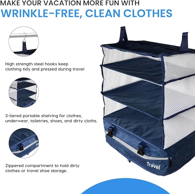 Grand Fusion Stow-N-Go Packing Organizer for Luggage, Portable Hanging Travel Shelves, Carry-On Closet, Hanging Packing Cubes