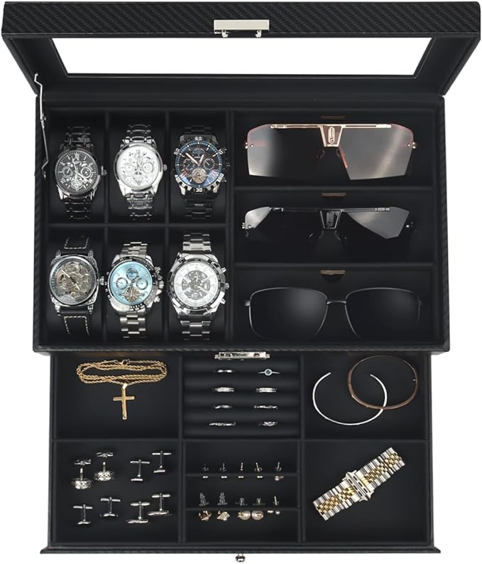 Kukikan Watch Jewelry Box Organizer, 6-Slot 2-Layer Watch Case and Sunglasses Storage with Large Glass Lid, Mens Jewelry