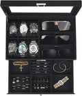 Kukikan Watch Jewelry Box Organizer, 6-Slot 2-Layer Watch Case and Sunglasses Storage with Large Glass Lid, Mens Jewelry
