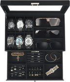 Kukikan Watch Jewelry Box Organizer, 6-Slot 2-Layer Watch Case and Sunglasses Storage with Large Glass Lid, Mens Jewelry