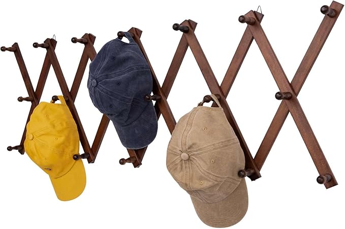 SCUNDA Accordion Wall Hanger with 20 Hooks, Expandable Wall Hat Display Rack, Wooden Wall Hook for Coat, Hats, Baseball Caps,