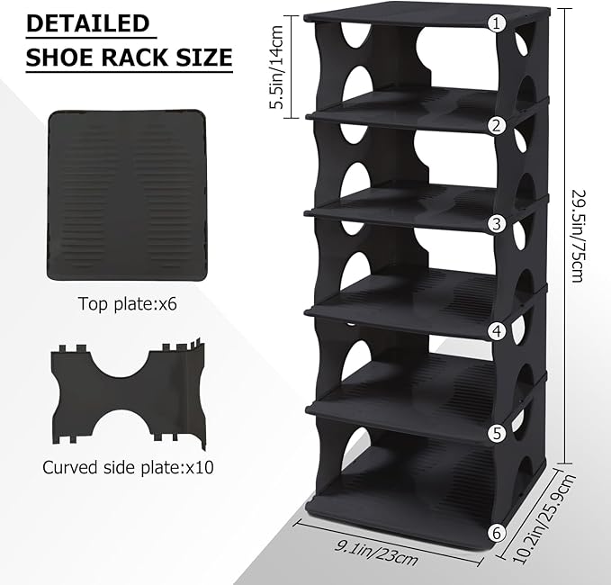 6-Tier Thickened Shoe Rack, Stackable Storage Organizer for Bedroom Entry, Adjustable Rack, Shoe Slots Shelf, Easy Tower Rack