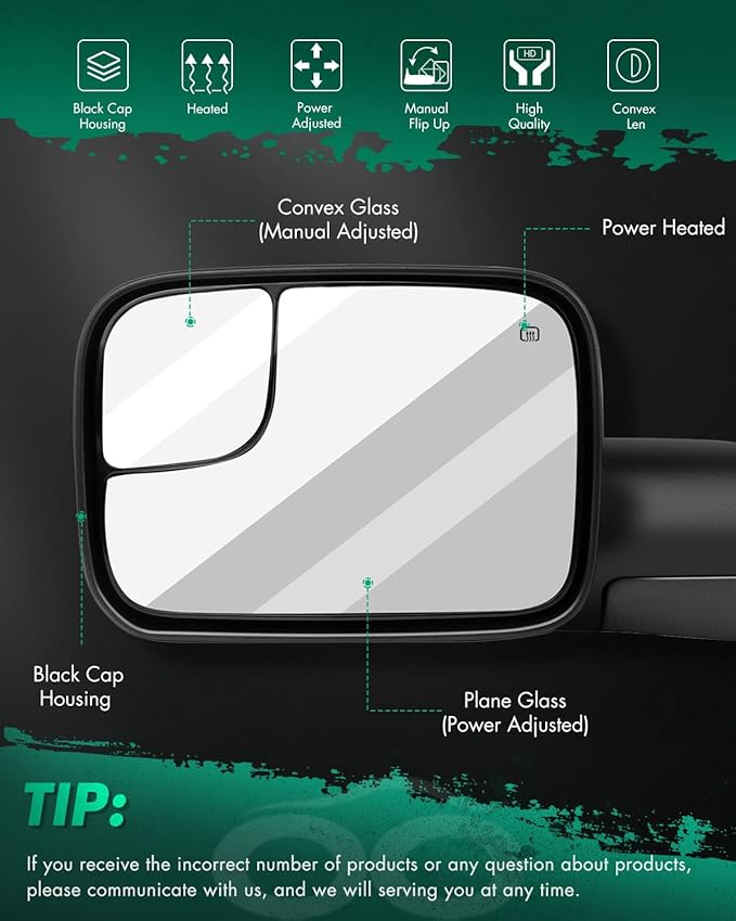 SCITOO Tow Mirror Compatible with for 2002-2008 For Dodge For Ram 1500 2003-2009 For Dodge For Ram 2500/3500 Pickup Truck Power Adjusted Heated No Turn Signal Light Black Towing Mirror LH