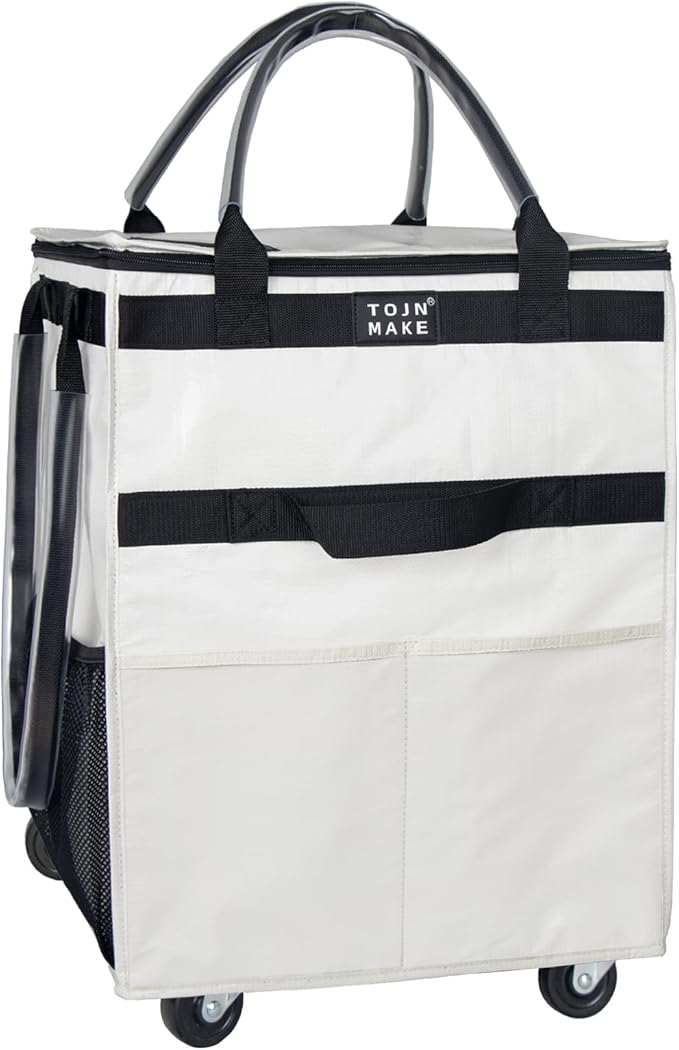 Reusable Grocery Bag On Wheels, Shopping Trolley, Rolling Tote with 8 Pockets and Zipper Cover, Foldable, Heavy Duty Handles, Carries Up to 46 LBS (Medium, Beige)