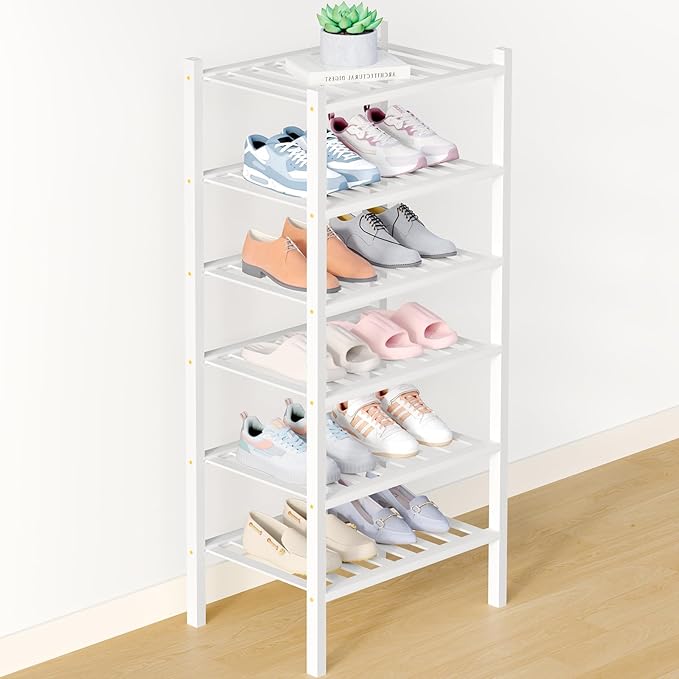 Smiry Bamboo Shoe Rack for Closet, 6 Tier Small Wooden Stackable Shoe Organizer, Free Standing Shoes Storage Shelf for Entryw