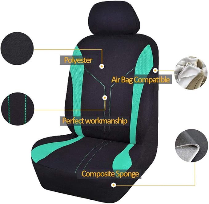Flying Banner Car Seat Covers 2 Front Seats Mesh Fabric Splicing Polyester Cover Black with Green Color