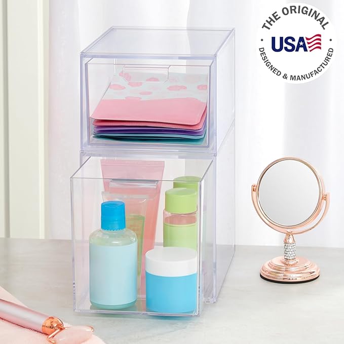 STORi Audrey Stackable Clear Bin Plastic Organizer Drawers | 2 Piece Set | Organize Cosmetics and Beauty Supplies on a Vanity