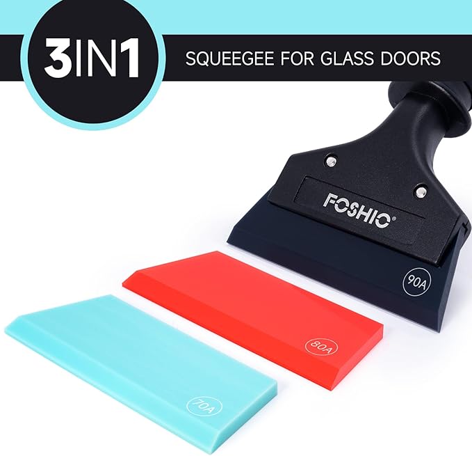 FOSHIO Small Squeegee for Window & Shower Glass Doors, Heavy Duty Metal Handle with 3 Rubber Blades & Car Windshield Ice Scrapers
