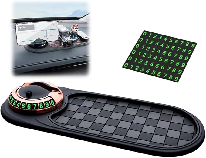 Multifunction Car Anti-Slip Mat, Non-Slip Dashboard Storage Pad with 360° Rotatable Phone Holder & Temporary Parking Number, 