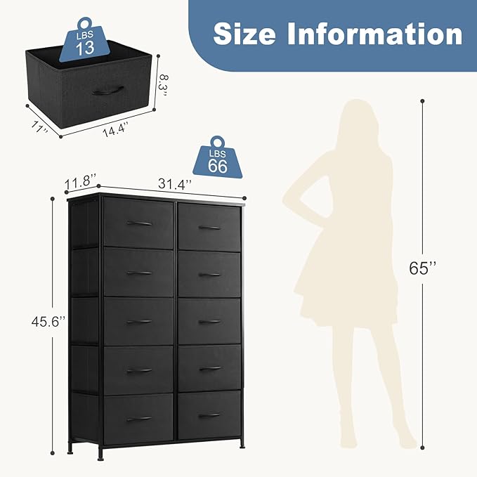 DUMOS Dresser for Bedroom, 10 Storage Drawers, Wide Fabric Closet Chests Organizer Tower Furniture with Wooden Top Metal Fram