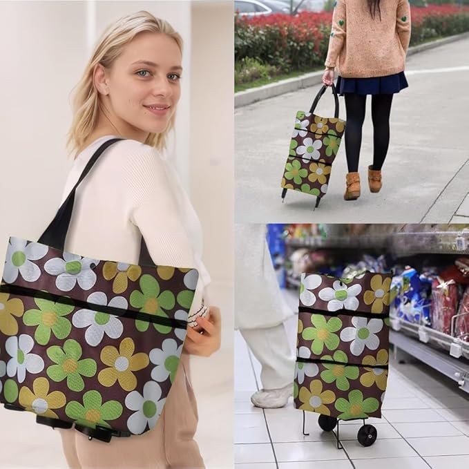 Collapsible Shopping Grocery Bag with Wheels Rolling Tote Bag with Wheels Large Reusable Shopping Bags Foldable Cart(Brown Flower,Large)