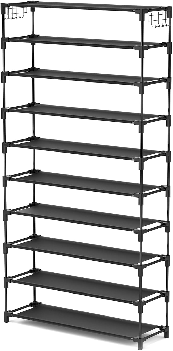 LANTEFUL 10 Tiers Shoe Rack 50 Pairs Large Capacity Tall Shoe Organizer Sturdy Shoe Storage with Two Hooks Space Saving Metal