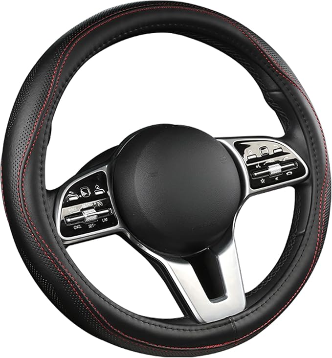 Genuine Leather Steering Wheel Cover, Black Real Cowhide for 14.5-15 Inch Steering Wheels, Universal Fit for Cars and Trucks (BlackRed)