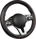 Genuine Leather Steering Wheel Cover, Black Real Cowhide for 14.5-15 Inch Steering Wheels, Universal Fit for Cars and Trucks (BlackRed)