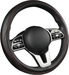 Genuine Leather Steering Wheel Cover, Black Real Cowhide for 14.5-15 Inch Steering Wheels, Universal Fit for Cars and Trucks (BlackRed)