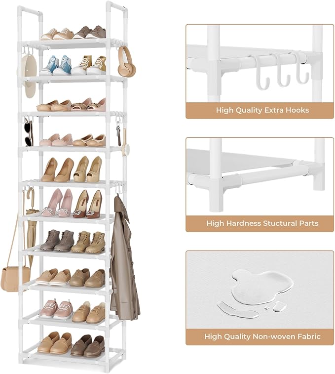 VTRIN 10 Tiers Tall Shoe Rack Holds 20-25 Pairs of Shoes Sturdy Vertical Shoe Organizer with 18pcs Hooks Stackable Narrow Sho