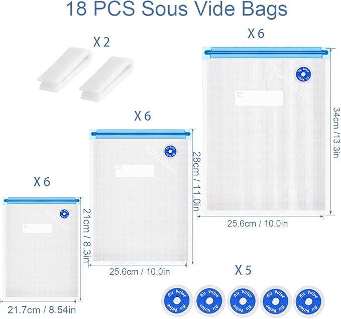 Sous Vide Bags 25Pcs, Reusable BPA Free Vacuum Sealer Bags Vacuum Food Storage Bag for Cooking/Food Storage/Microwave Heating