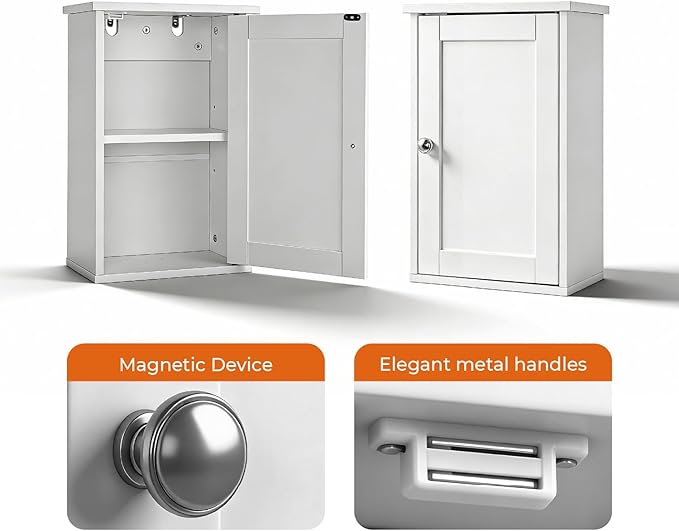 VINGLI Bathroom Wall Cabinet, White Medicine Cabinet with Single Door, Small Over Toilet Storage Organizer with Adjustable Sh