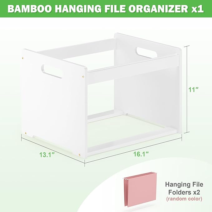 Hanging File Organizer Box for Letter Size, Bamboo File Folder Organizer, Storage Moving Boxes with Handle Wood Desk Filing B