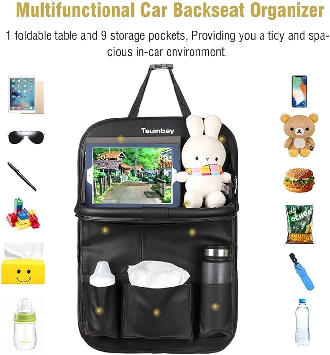 Tsumbay Car Backseat Organizer with Tablet Holder,9 Storage Pockets Foldable Table Tray Seat Back Protectors Kick Mats -PU Leather 1Pck