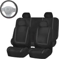 FH Group Unique Flat Cloth Full Set Car Seat Covers w. Silicone Steering Wheel Cover- Universal Fit for Most Cars, Trucks, SUVs or Vans (Black)