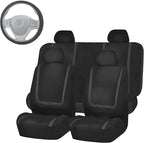 FH Group Unique Flat Cloth Full Set Car Seat Covers w. Silicone Steering Wheel Cover- Universal Fit for Most Cars, Trucks, SUVs or Vans (Black)